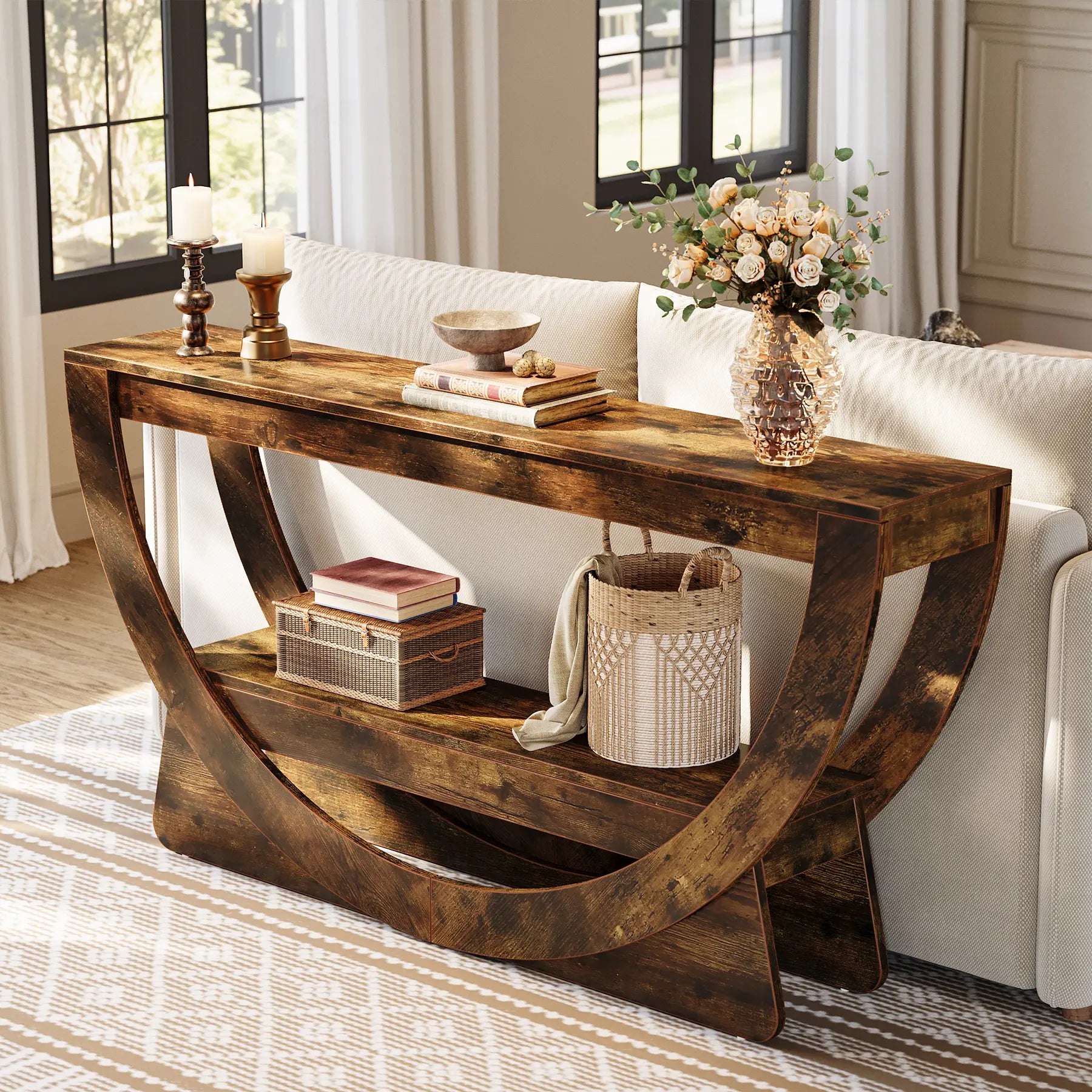 LITTLE TREE 63-Inch Console Table, Farmhouse 2-Tier Entryway Table with Storage Shelves, Narrow Long Sofa Table behind Couch, Wooden Accent Table for Hallway, Living Room, Entrance, Foyer