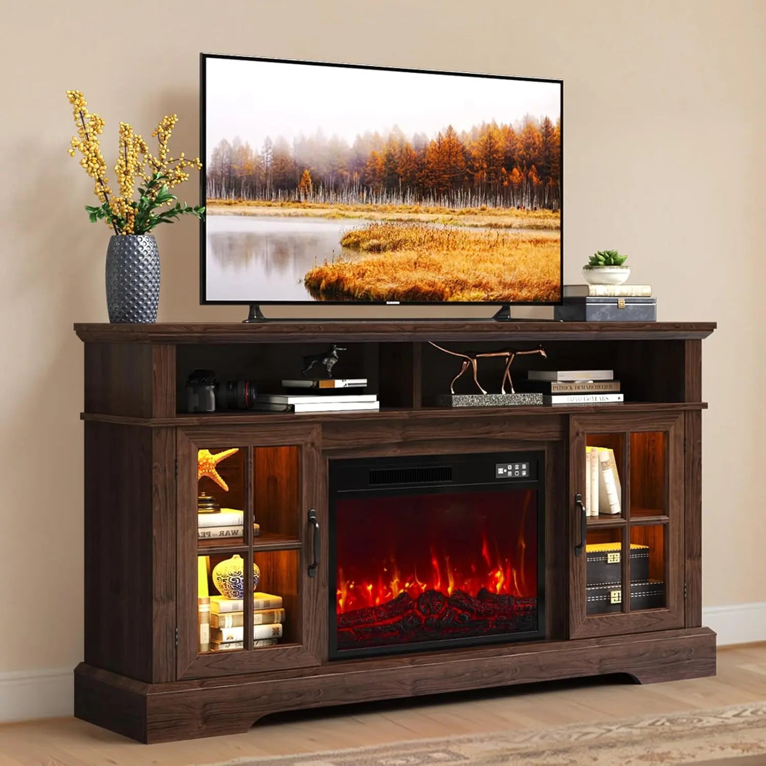 Fireplace TV Stand, Modern Entertainment Center for Tvs up to 70", TV Console with Storage Cabinets & Electric Fireplace, Brown Media Console for Living Room