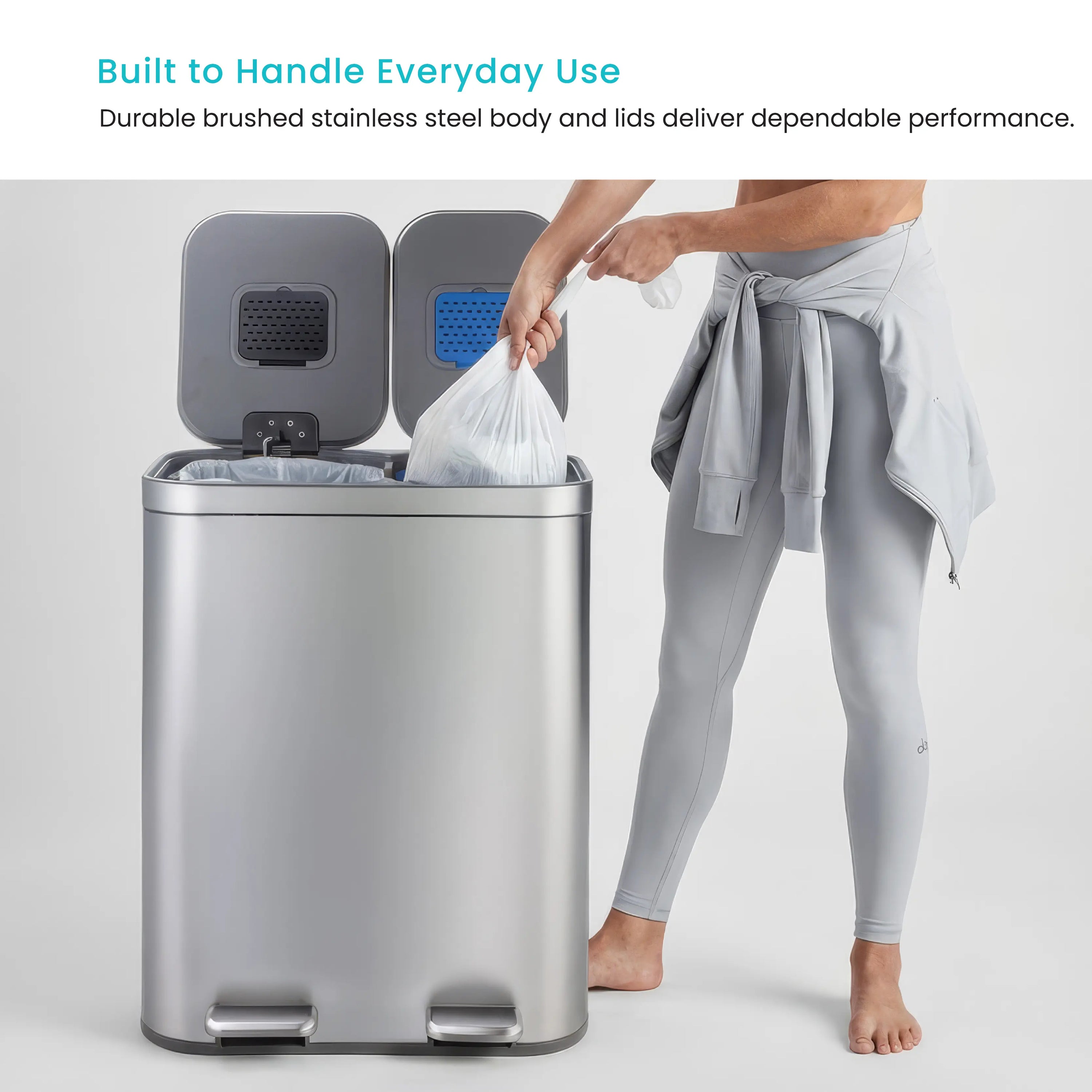 Home Zone Living 13 Gallon Dual Compartment Kitchen Trash Can with Recycling, Soft-Close Lids and Bag Storage, Brushed Stainless Steel, Silver