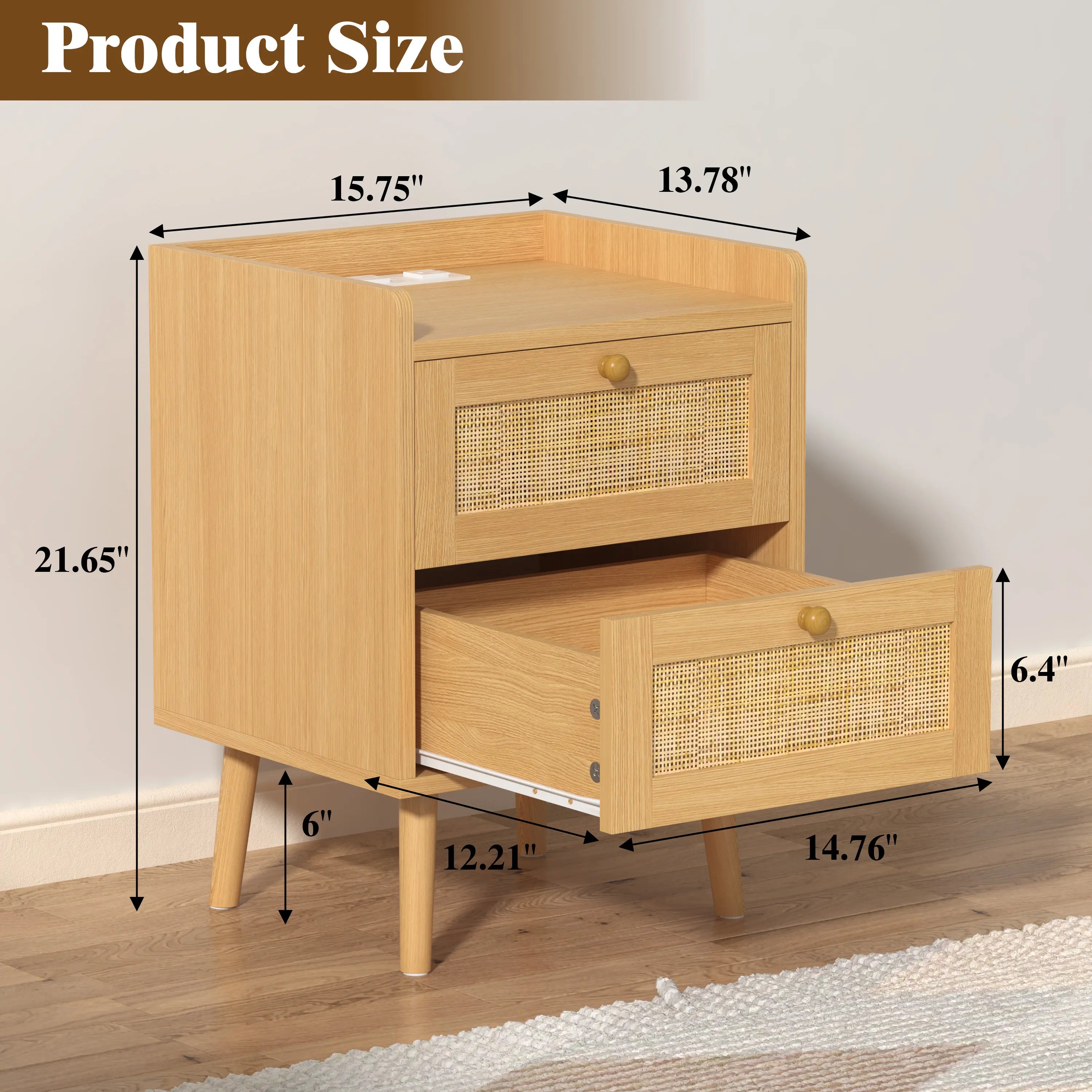 Rattan Nightstand with Charging Station, Rattan Boho End Table with 2 Drawers Bedroom Bedside Side Tables Natural Night Stand for Living Room,Bedroom,Dorm Room Essentials Fathers Day Gift Ideas,Dorm Essentials,Home Decor