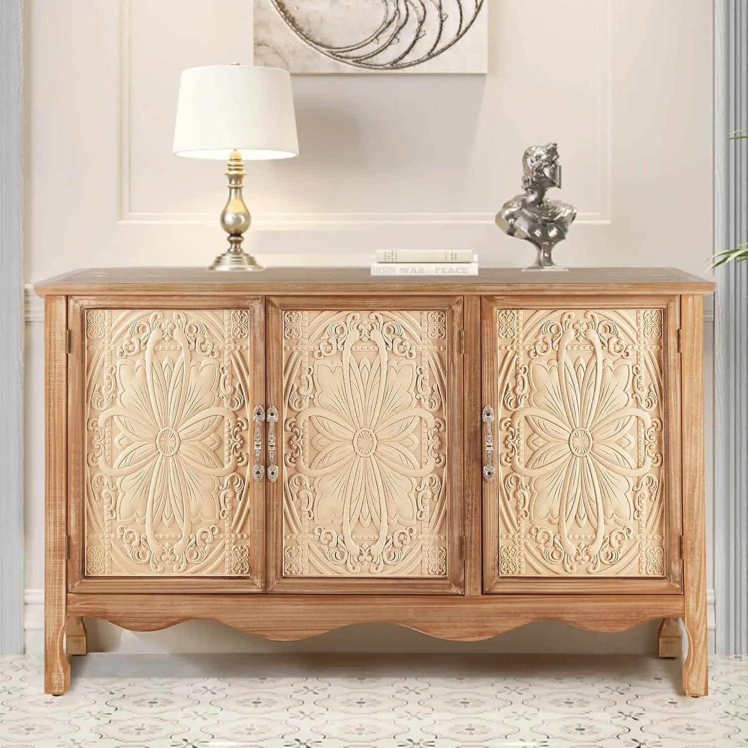 【Summervibes】Royalcraft L Farmhouse Sideboard Buffet Cabinet with Storage, 49" Solid Wood Credenza Buffet Table Coffee Bar Wine Bar Storage Cabinet with 3 Doors for Dining Room Living Room Hallway, (Provence Grain)