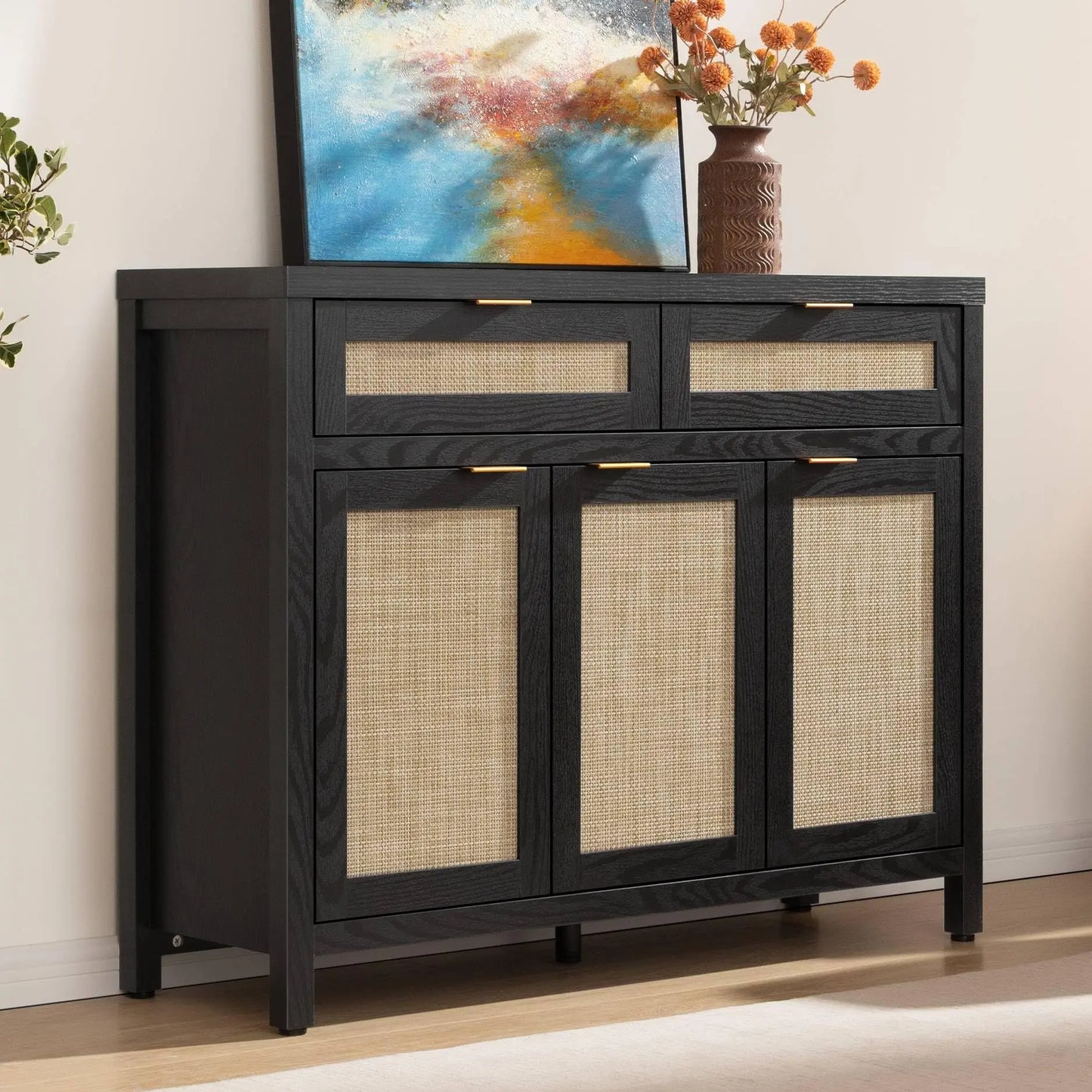 SICOTAS Rattan Sideboard Buffet Cabinet - Boho Farmhouse Credenza with 3 Doors and 2 Drawers, Storage Console Cabinet for Kitchen, Living Room, Entryway, Coffee Bar and Home Decor,Dorm Essentials