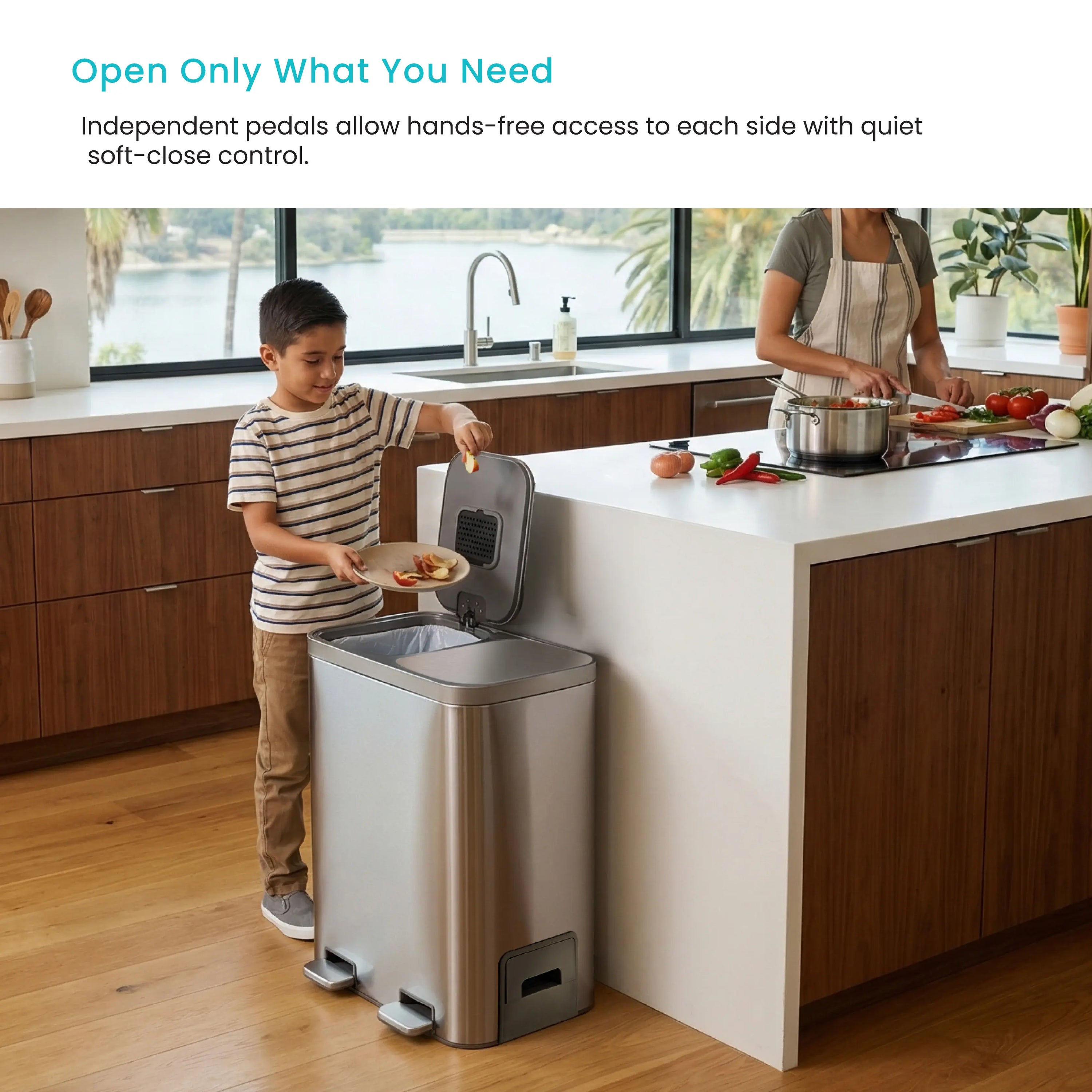 Home Zone Living 13 Gallon Dual Compartment Kitchen Trash Can with Recycling, Soft-Close Lids and Bag Storage, Brushed Stainless Steel, Silver