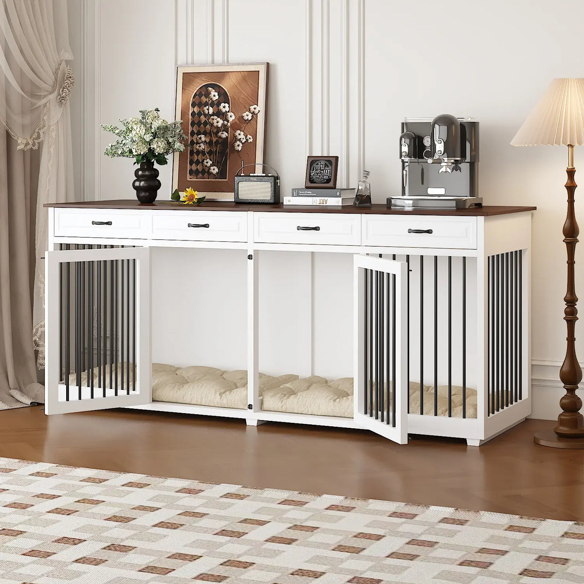 FUFU&GAGA Large Dog Crate Furniture, 86.6" Wooden Dog Crate Kennel with Drawers and Divider, Heavy Duty Dog Crates Cage Furniture