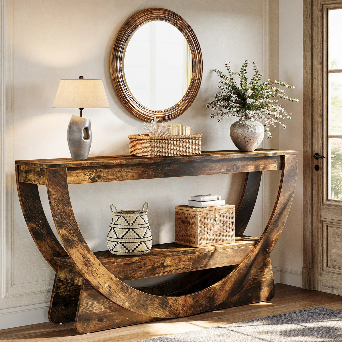 LITTLE TREE 63-Inch Console Table, Farmhouse 2-Tier Entryway Table with Storage Shelves, Narrow Long Sofa Table behind Couch, Wooden Accent Table for Hallway, Living Room, Entrance, Foyer