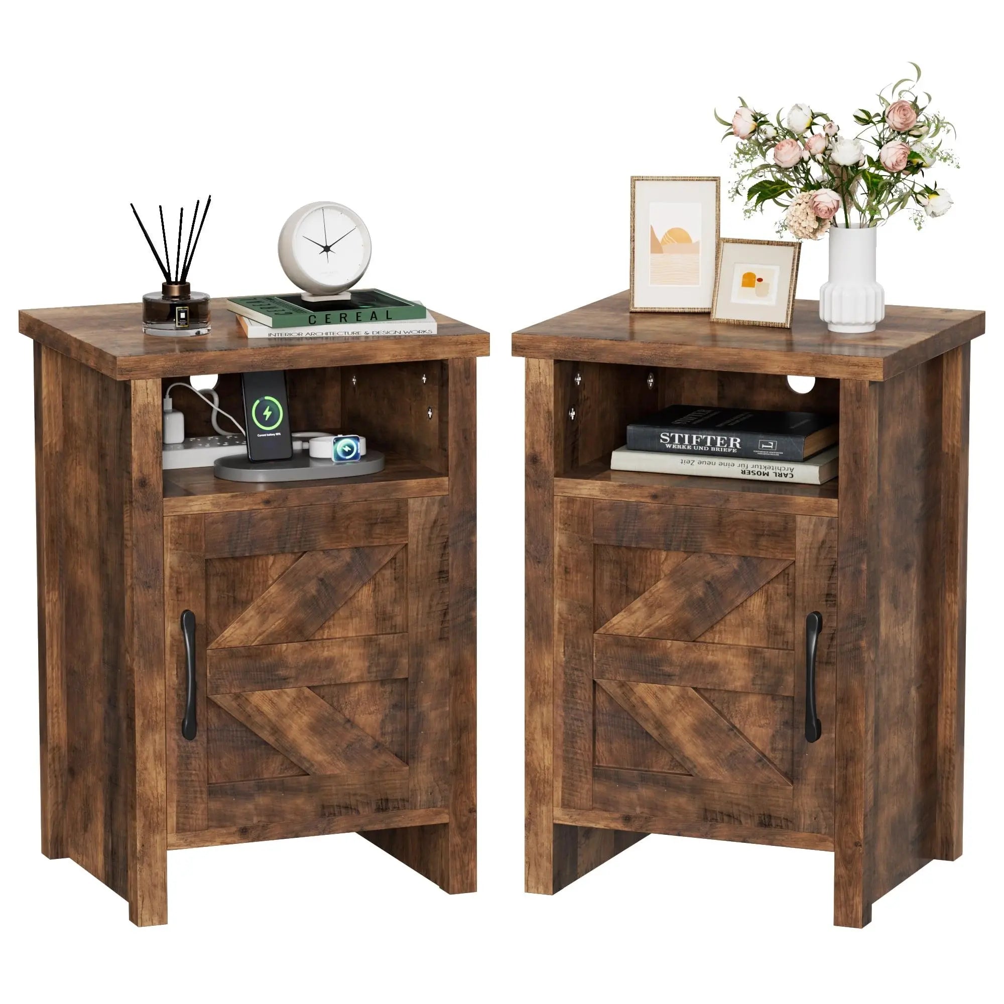 Furmax Farmhouse Nightstand Sets of 2, Mdf+Pine Wooden Bedside Cabinets with Open Shelf Storage, Stable Strong Modern Furniture for Bedroom Home Decor Use