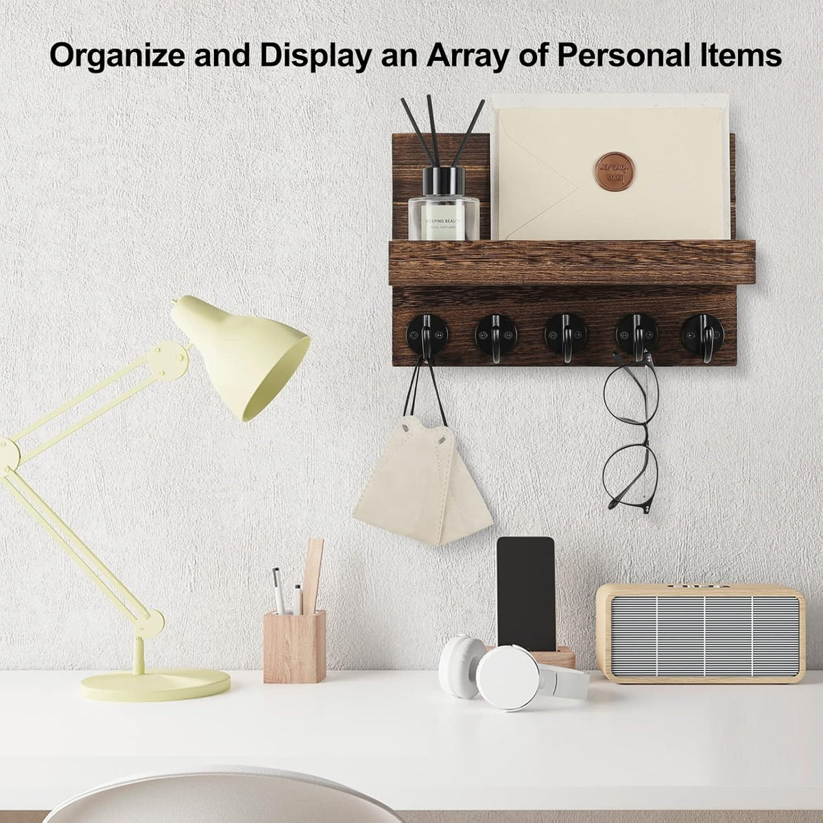 Key Holder for Wall, Decorative Key and Mail Holder with Shelf Has Large Key Hooks for Bags, Coats – Paulownia Wood Key Hanger with Mounting Hardware (9.8”W X 6.7”H X 4.2”D) (Brown)