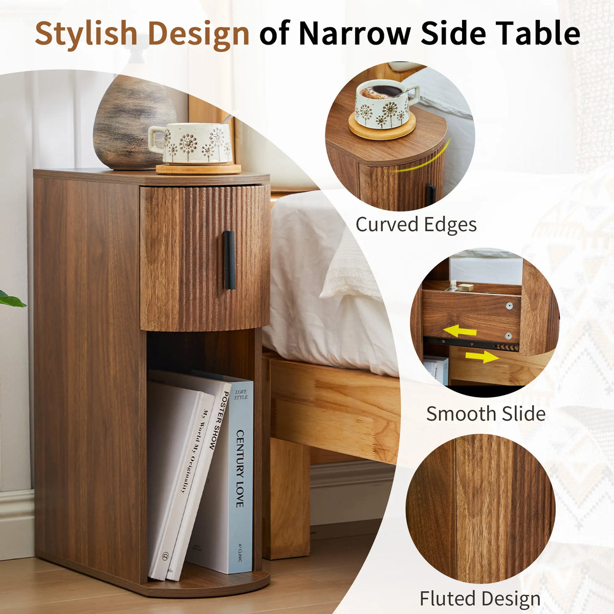 Fursch Walnut Slim Nightstand Set of 2, Mid-Century Curved Bedside Cabinets with Drawer & Book Storage for Apartments, Bedrooms, Cozy Spaces, Small Spaces