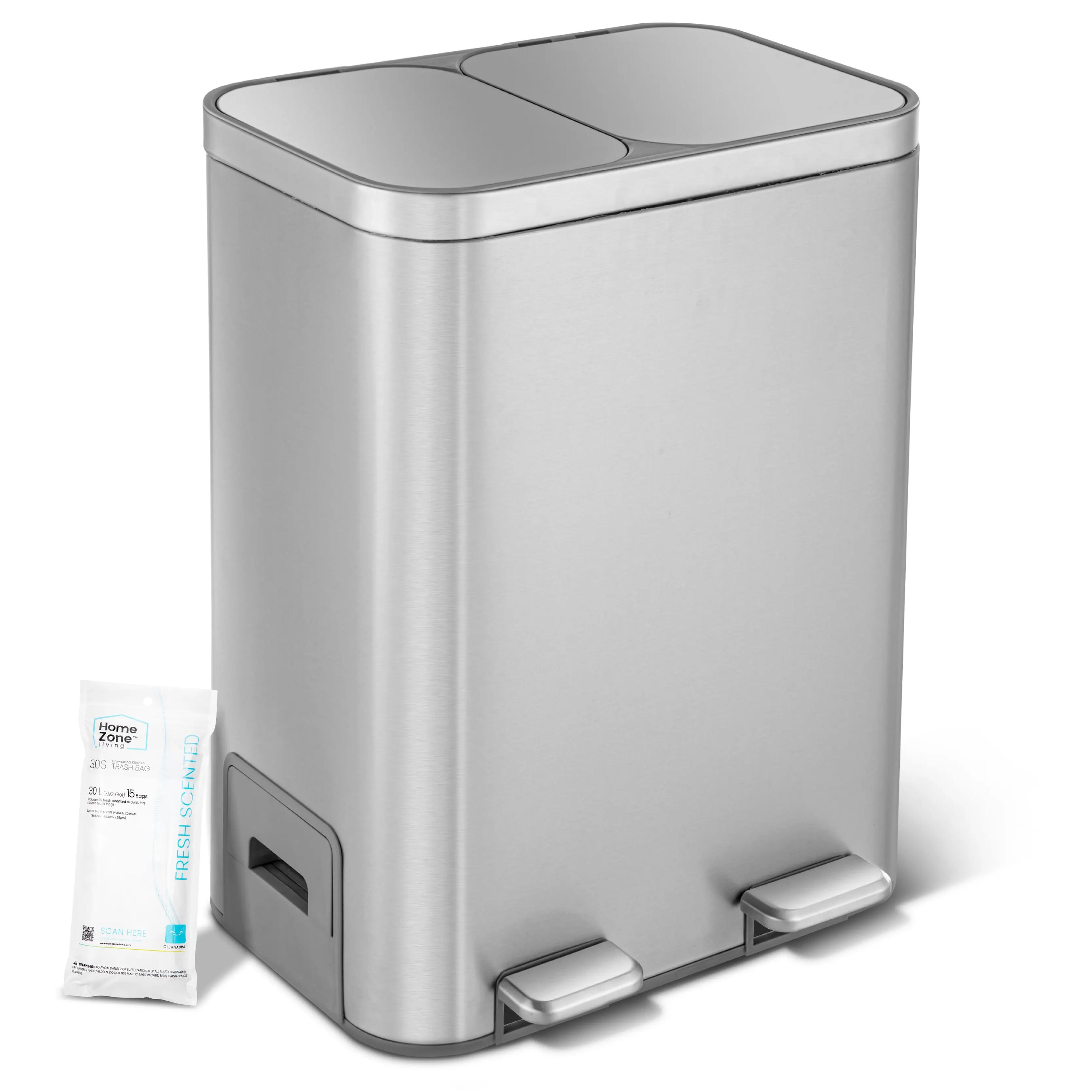 Home Zone Living 13 Gallon Dual Compartment Kitchen Trash Can with Recycling, Soft-Close Lids and Bag Storage, Brushed Stainless Steel, Silver
