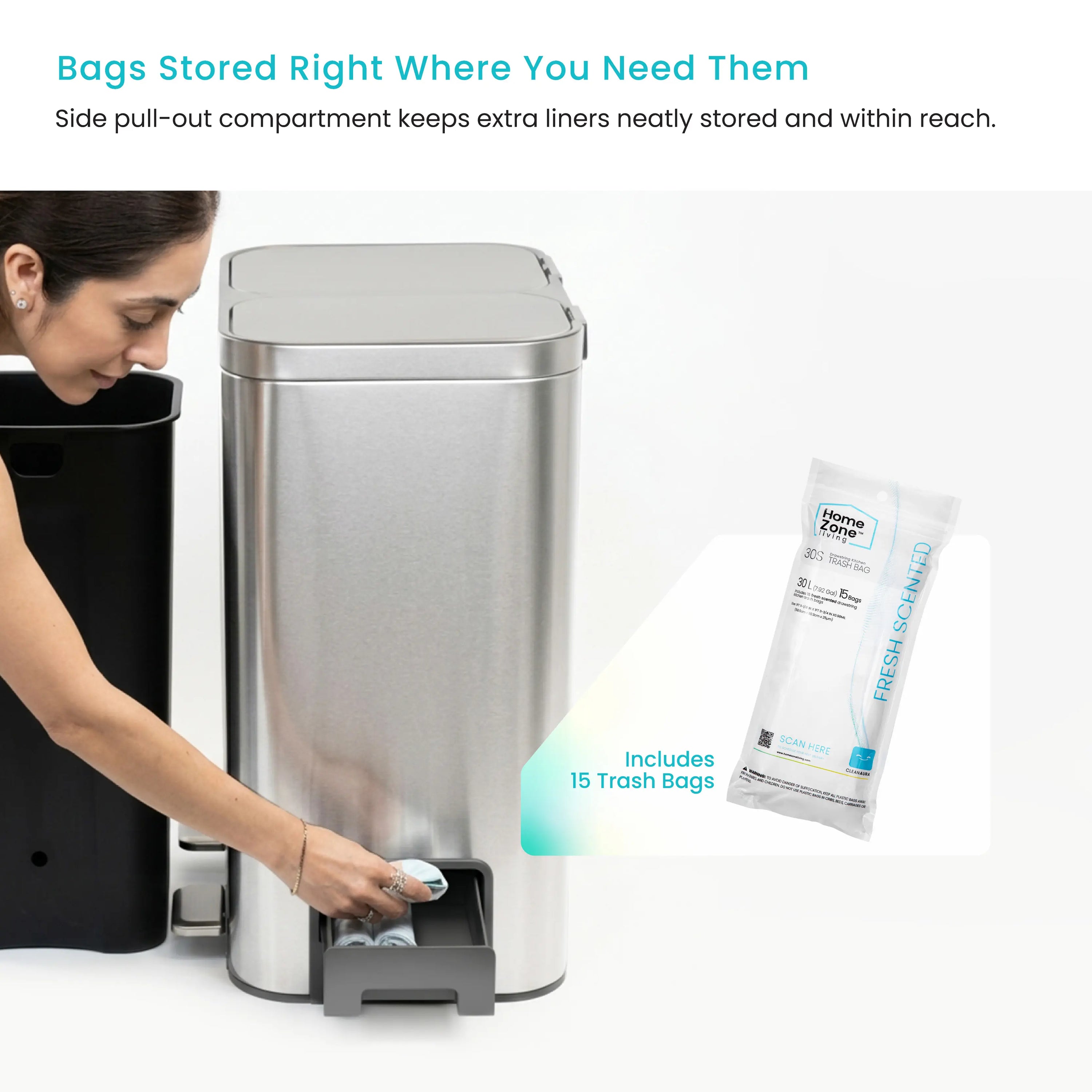 Home Zone Living 13 Gallon Dual Compartment Kitchen Trash Can with Recycling, Soft-Close Lids and Bag Storage, Brushed Stainless Steel, Silver