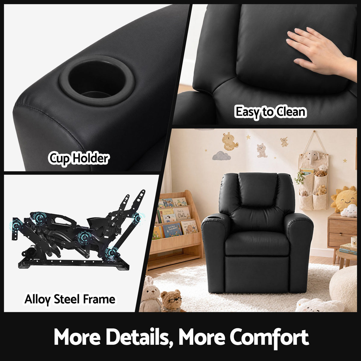 Keezi Kids Recliner Chair PU Leather Sofa Lounge Couch Children Armchair Black