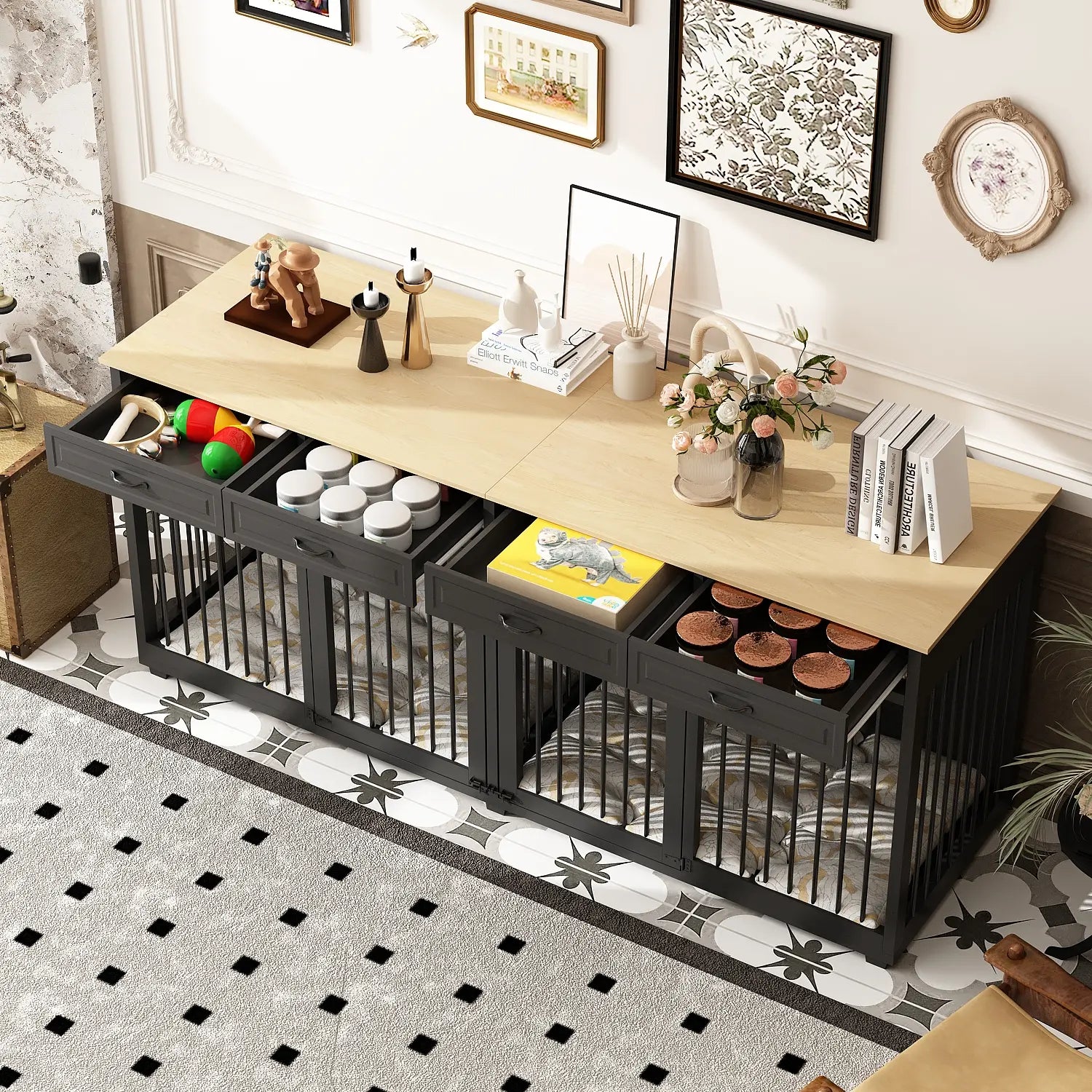 FUFU&GAGA Large Dog Crate Furniture, 86.6" Wooden Dog Crate Kennel with Drawers and Divider, Heavy Duty Dog Crates Cage Furniture
