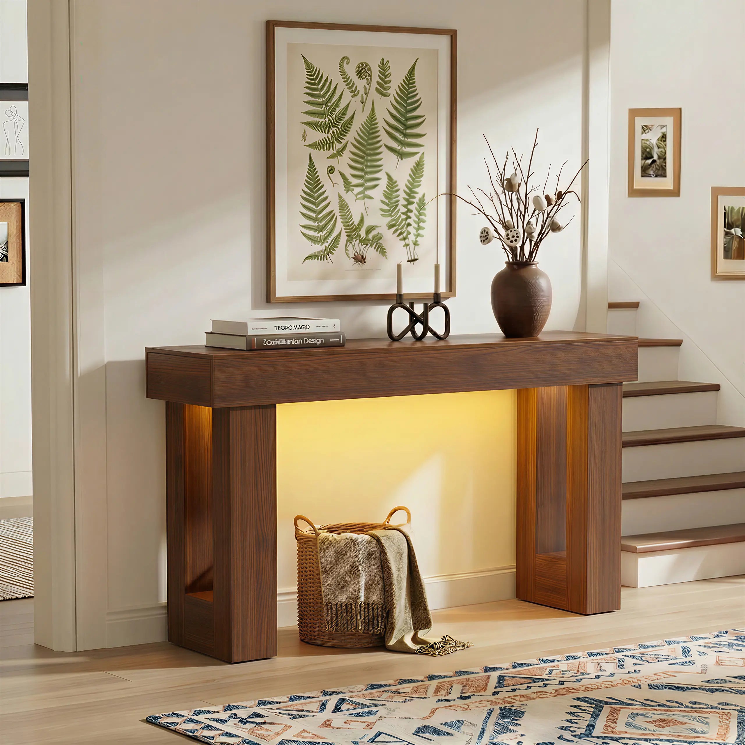 63 Inch Entryway Table with Socket and Sensor Light, Farmhouse Wooden Sofa Table behind Couch or Foyer Table, Narrow Console Table with Storage Shelf for Living Room, Entrance, Hallway, Easy Assembly