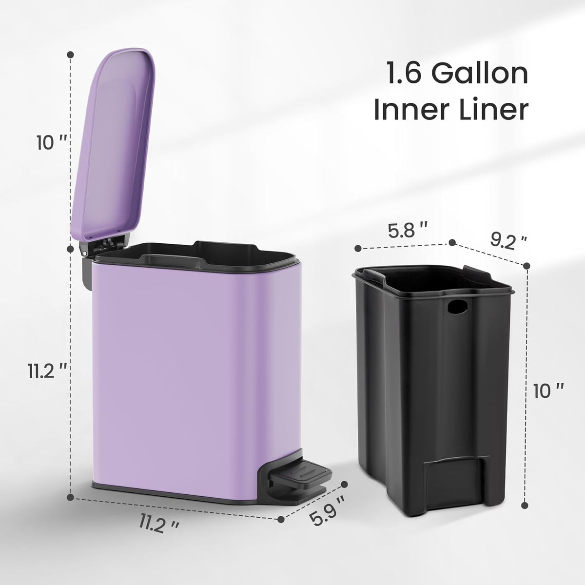 Small Bathroom Trash Can with Lid Soft Close, Step Pedal, 6 Liter / 1.6 Gallon Stainless Steel Garbage Can with Removable Inner Bucket, Anti-Fingerprint Finish (Purple)