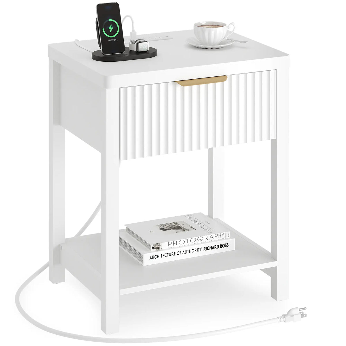 Aowos Fluted Nightstand, Bedside Tables with Charging Station, Boho Side Tables with Drawer & Open Compartment for Bedroom Wooden Tabletop, Bedside Cabinet with USB Ports, Nightstand with Storage, Apartment Nightstand, Kids Bedside Table Tiktokshopspringg