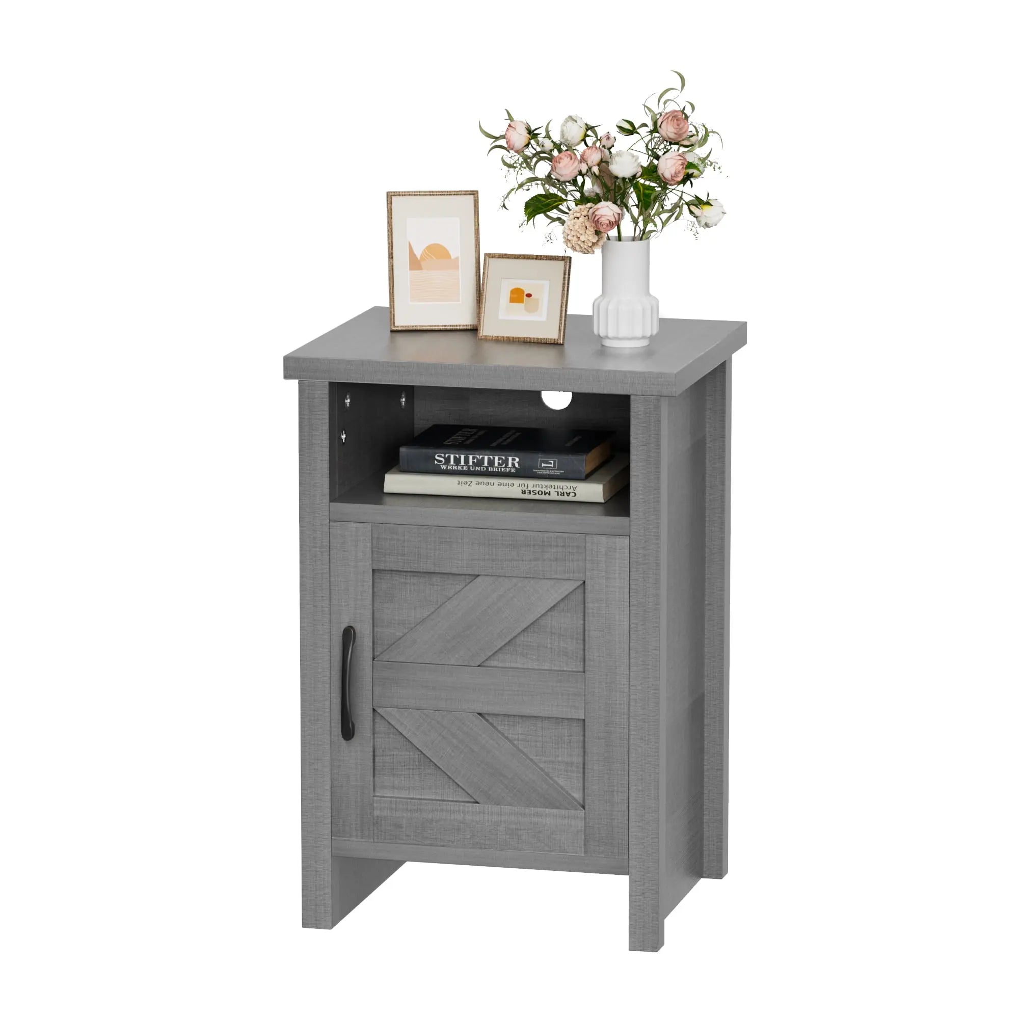Furmax Farmhouse Nightstand Sets of 2, Mdf+Pine Wooden Bedside Cabinets with Open Shelf Storage, Stable Strong Modern Furniture for Bedroom Home Decor Use