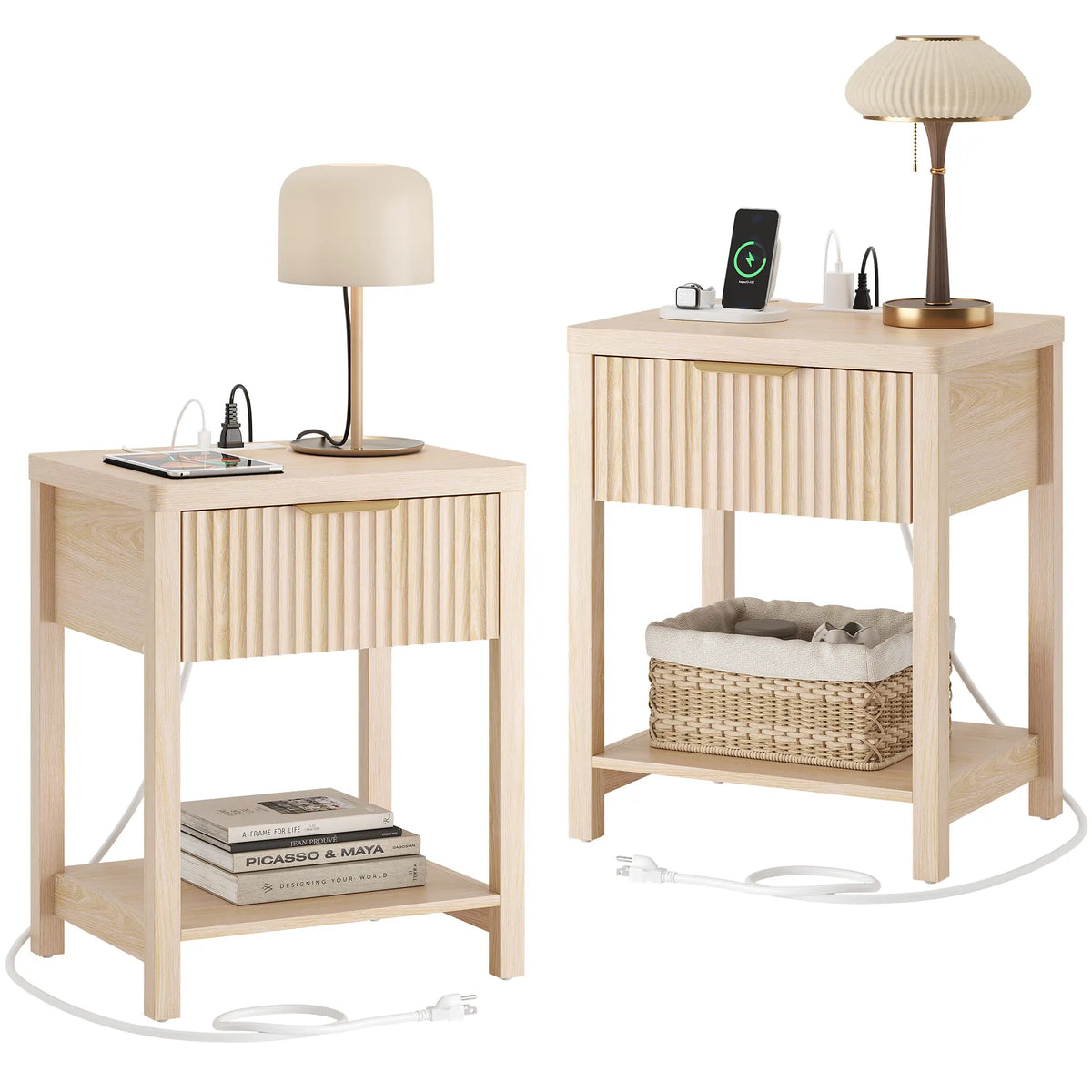 Aowos Fluted Nightstand, Bedside Tables with Charging Station, Boho Side Tables with Drawer & Open Compartment for Bedroom Wooden Tabletop, Bedside Cabinet with USB Ports, Nightstand with Storage, Apartment Nightstand, Kids Bedside Table Tiktokshopspringg