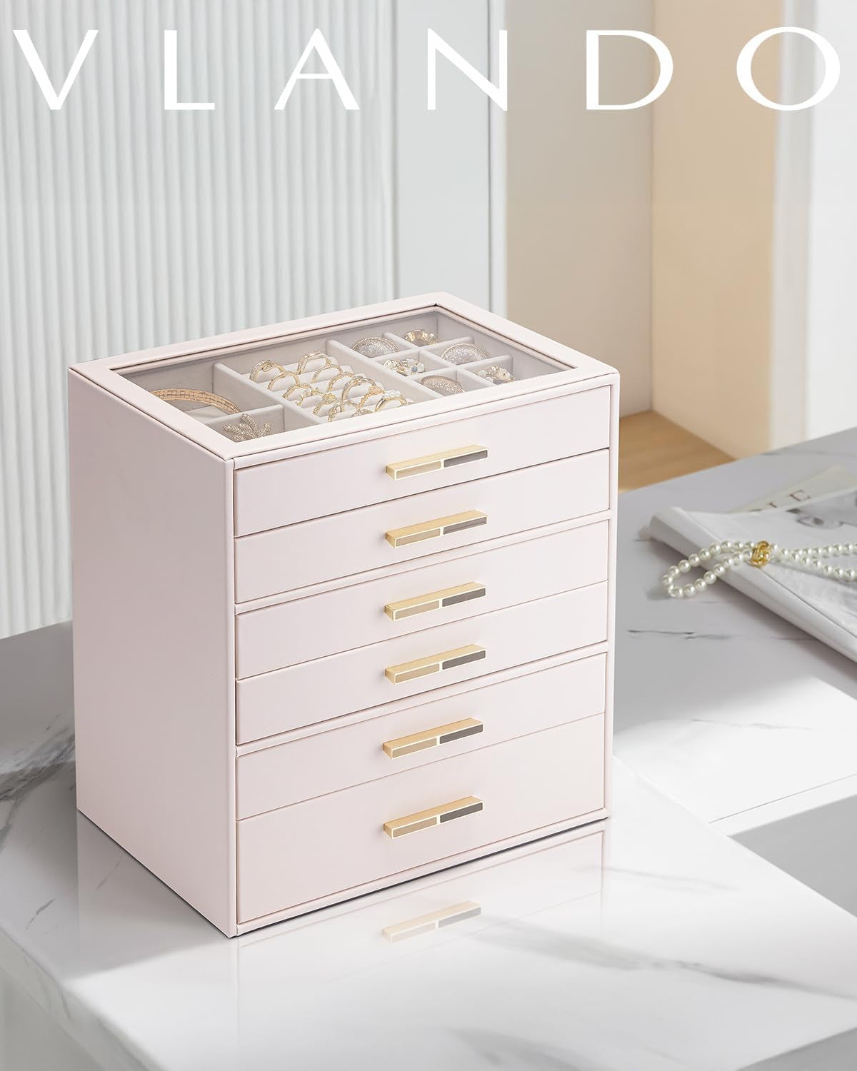 6 Layer Jewelry Box for Women, Glass Lid Jewelry Organizer with 6 Drawers for Necklaces Rings Earrings Bracelets - Light Pink