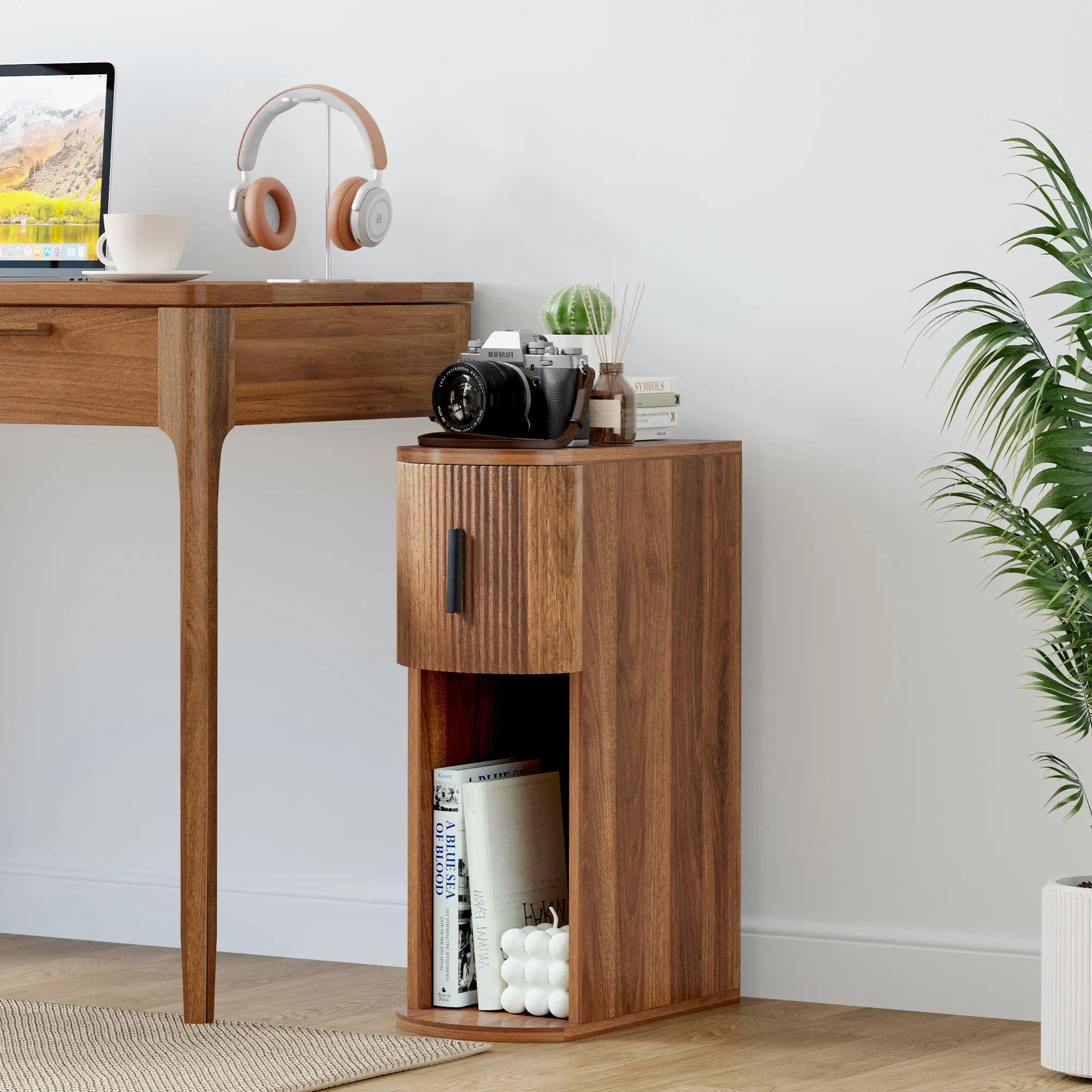 Fursch Walnut Slim Nightstand Set of 2, Mid-Century Curved Bedside Cabinets with Drawer & Book Storage for Apartments, Bedrooms, Cozy Spaces, Small Spaces