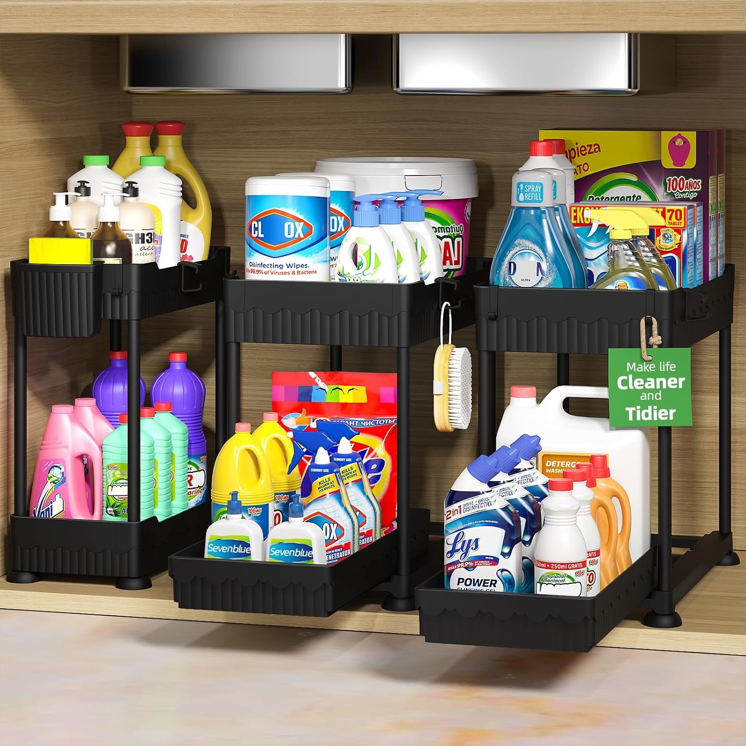 3 Pack under Sink Organizers, 2-Tier Multi-Use Kitchen and Bathroom Organizers and Storage with Sliding Drawers,Bathroom Cabinet Organizer (Black, 12.8 Inch)