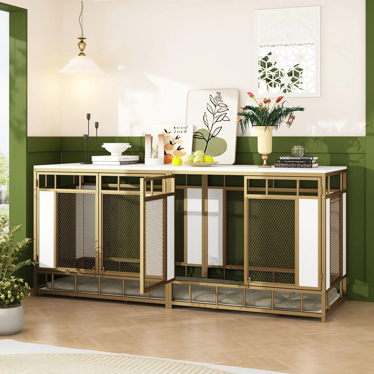 FUFU&GAGA 70.9" Large Double Dog Crate Furniture, Heavy Duty Dog Crate Kennel Furniture for 2-4 Dogs, Wooden Dog Crates Furniture