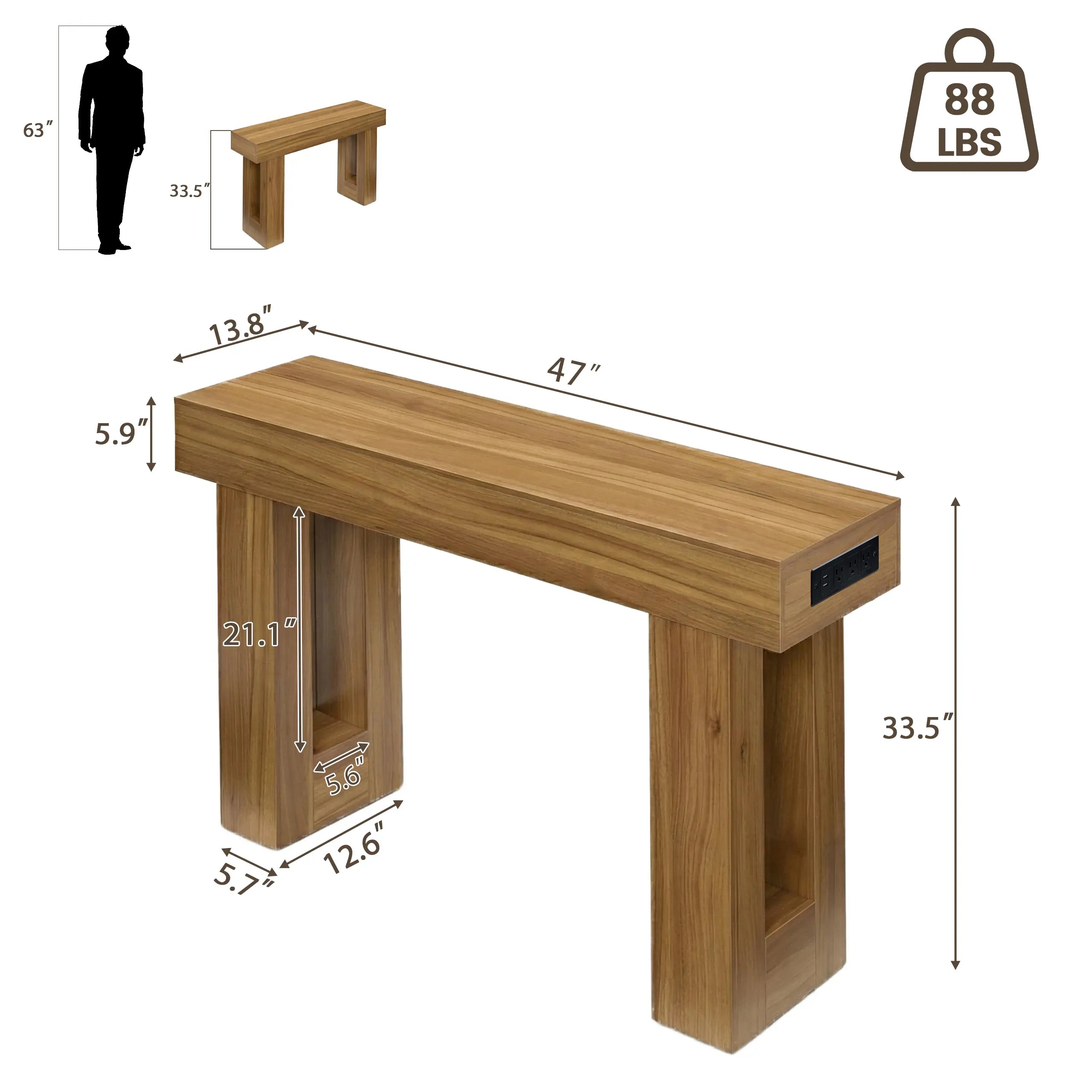 63 Inch Entryway Table with Socket and Sensor Light, Farmhouse Wooden Sofa Table behind Couch or Foyer Table, Narrow Console Table with Storage Shelf for Living Room, Entrance, Hallway, Easy Assembly