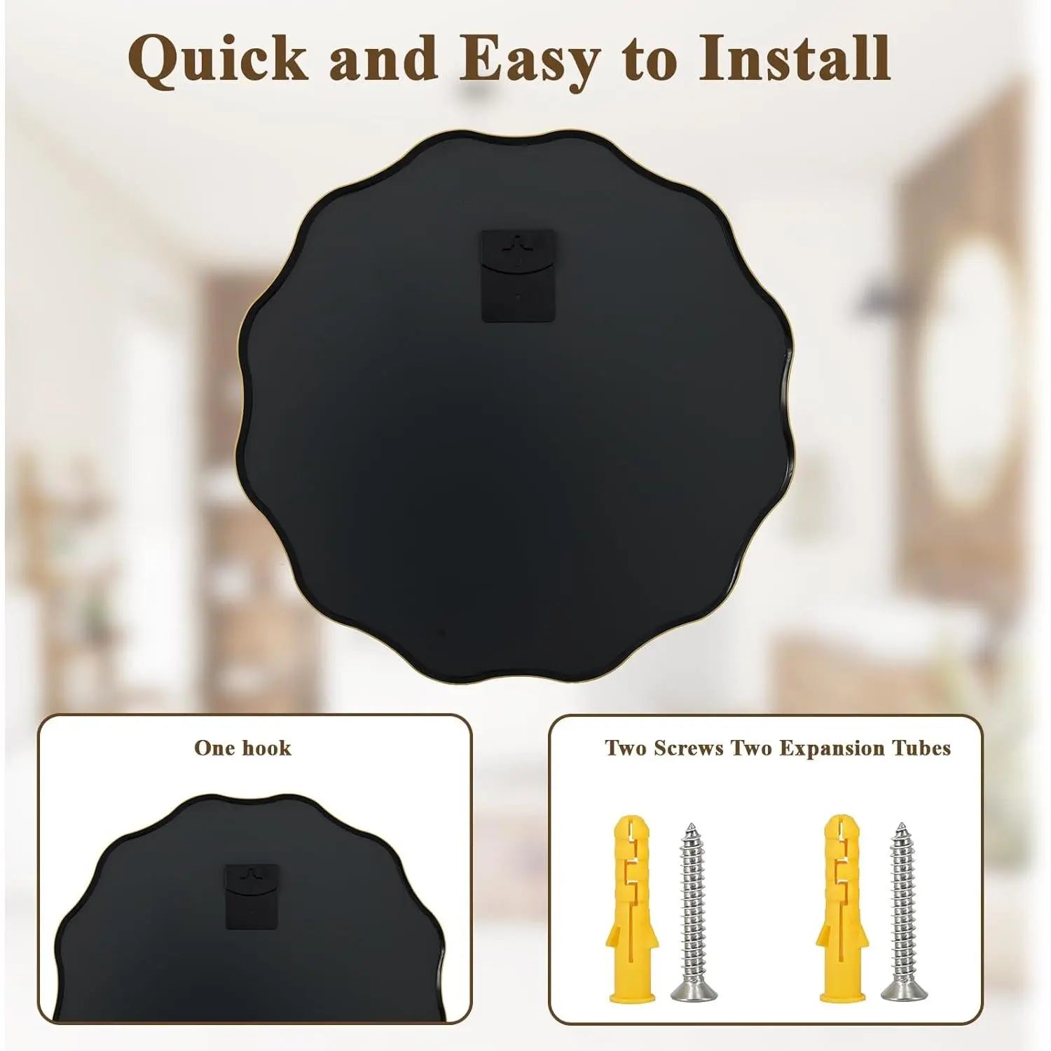 Scalloped Circle Mirror, 24" Wavy Edge round Wall Mirror with Tempered Glass Textured Circular Metal Deep Frame, Leaning for Bathroom, Hallway, Entryway, Livng Room