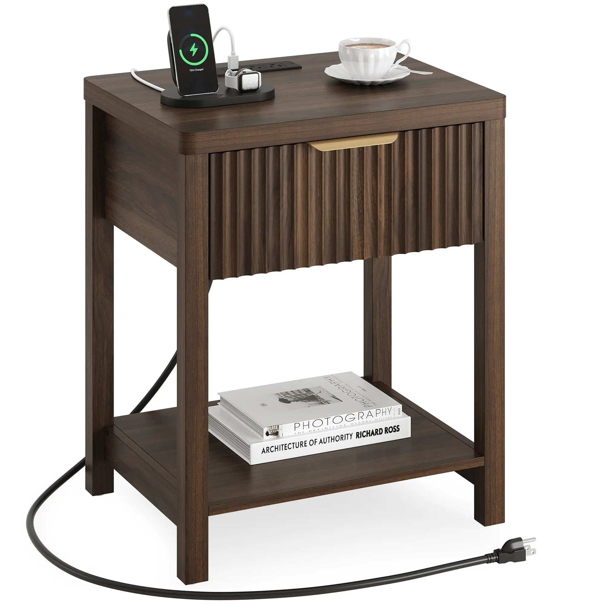 Aowos Fluted Nightstand, Bedside Tables with Charging Station, Boho Side Tables with Drawer & Open Compartment for Bedroom Wooden Tabletop, Bedside Cabinet with USB Ports, Nightstand with Storage, Apartment Nightstand, Kids Bedside Table Tiktokshopspringg