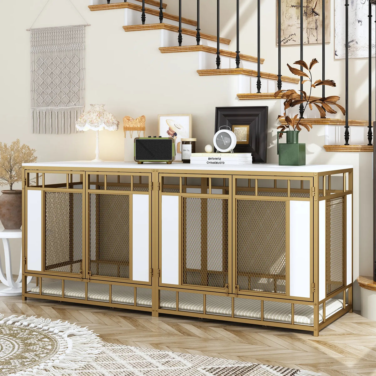 FUFU&GAGA 70.9" Large Double Dog Crate Furniture, Heavy Duty Dog Crate Kennel Furniture for 2-4 Dogs, Wooden Dog Crates Furniture