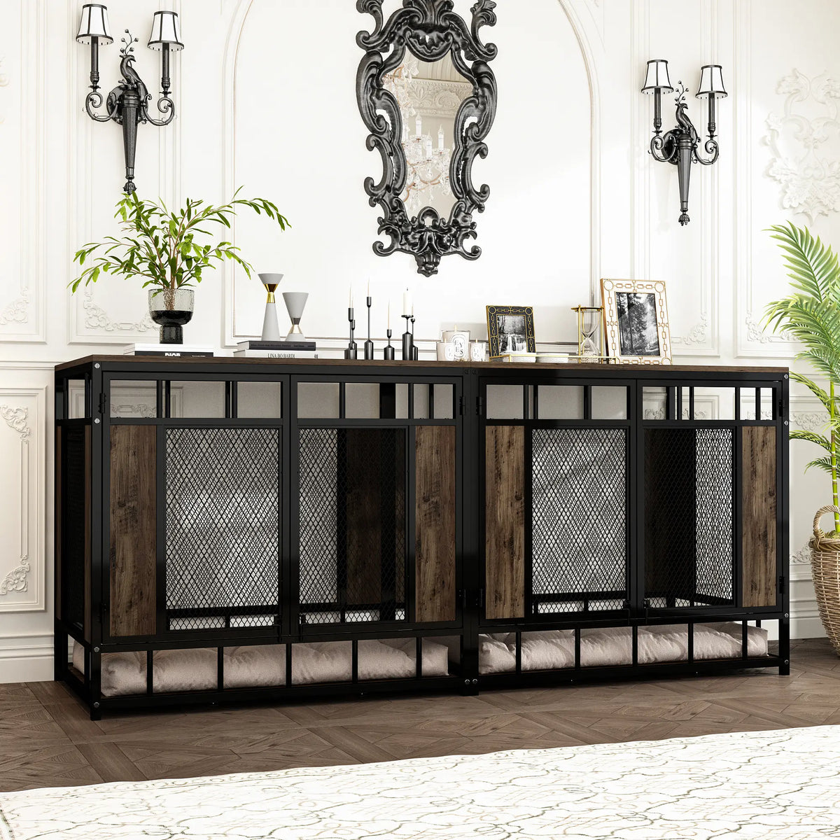 FUFU&GAGA 70.9" Large Double Dog Crate Furniture, Heavy Duty Dog Crate Kennel Furniture for 2-4 Dogs, Wooden Dog Crates Furniture