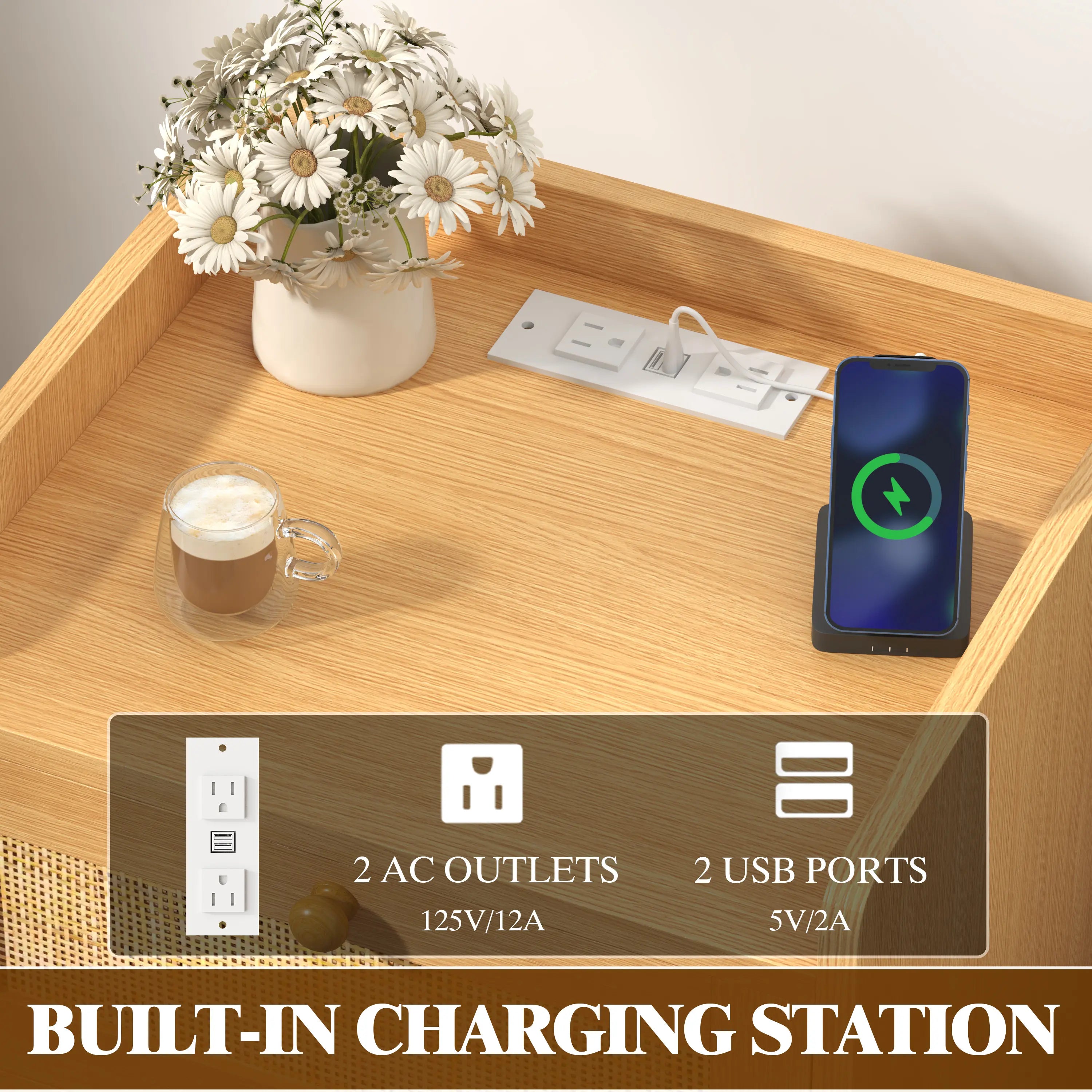 Rattan Nightstand with Charging Station, Rattan Boho End Table with 2 Drawers Bedroom Bedside Side Tables Natural Night Stand for Living Room,Bedroom,Dorm Room Essentials Fathers Day Gift Ideas,Dorm Essentials,Home Decor