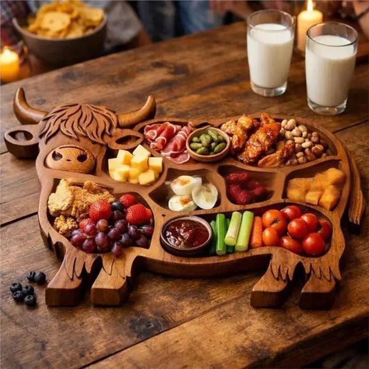 Wood Charcuterie Board Highland Cow Design, Rustic Serving Tray, Natural Wood Cheese Platter Snack Board