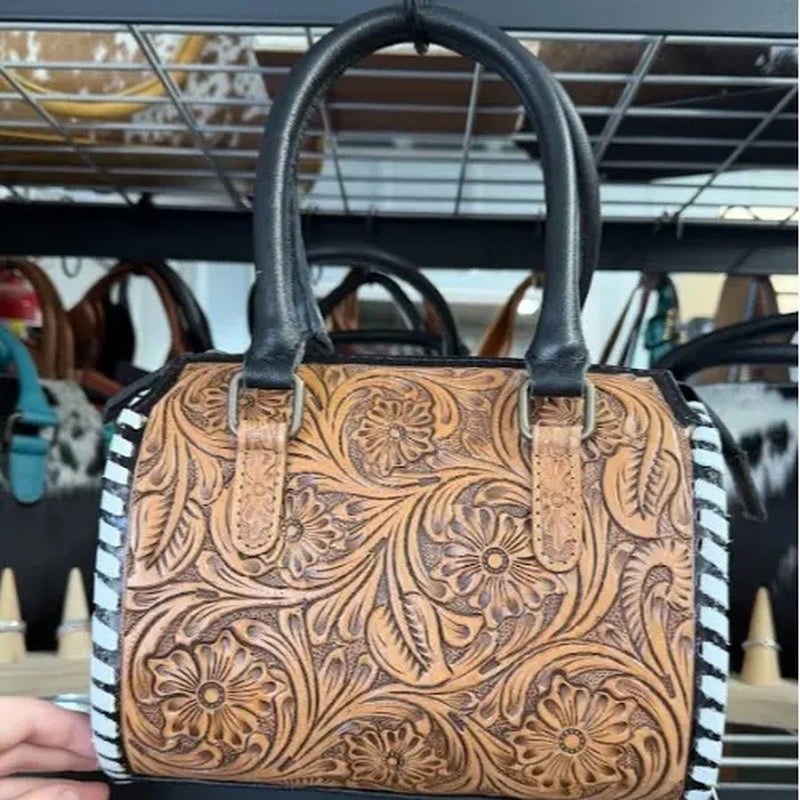 Genuine Hand Tooled Leather Speedy Bag- All over Brown Tooled with White Stitching