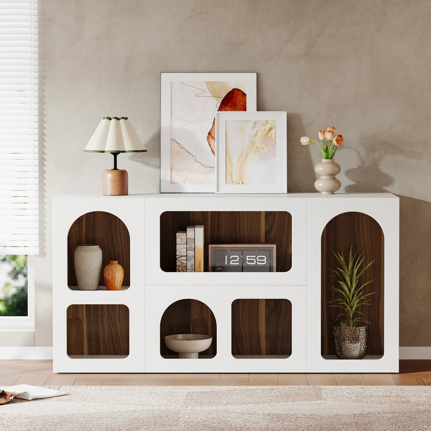 LITTLE TREE 59" White Console Table, Modern Entryway Table, Wooden Storage Organizer Entrance Table with 6 Compartments, Long Sofa Table, behind Couch Table with Storage for Living Room, Hallway, Foyer Arched Shelf
