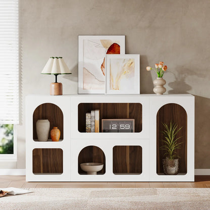 LITTLE TREE 59" White Console Table, Modern Entryway Table, Wooden Storage Organizer Entrance Table with 6 Compartments, Long Sofa Table, behind Couch Table with Storage for Living Room, Hallway, Foyer Arched Shelf