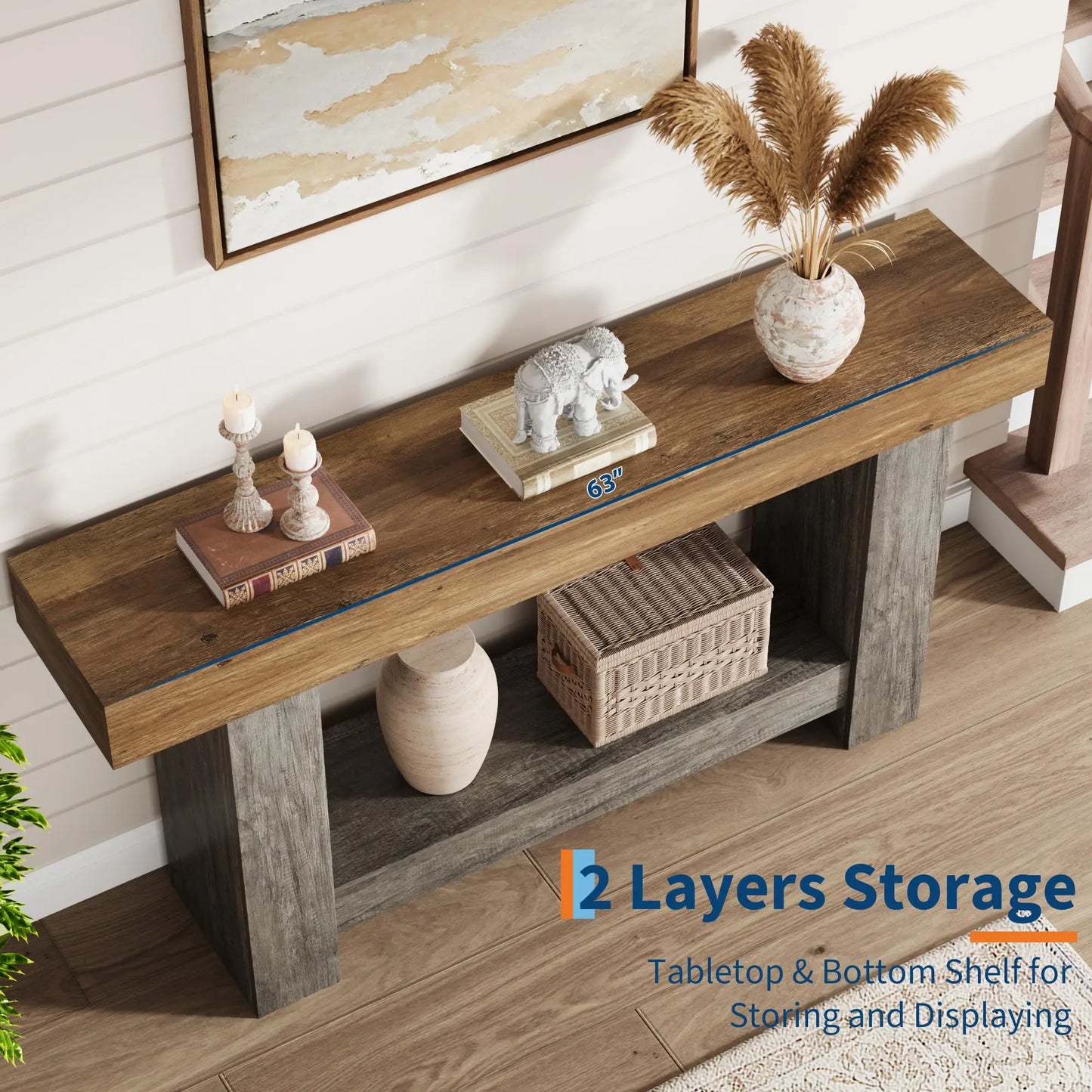 Entryway Console Table, Farmhouse 2-Tier Table with Open Storage, Long Sofa Accent Table for behind Couch, for Entrance Living Room Hallway Foyer (47 in / 63 in ),Dorm Essentials,Home Decor