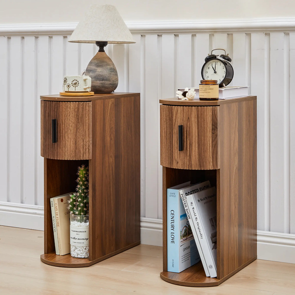 Fursch Walnut Slim Nightstand Set of 2, Mid-Century Curved Bedside Cabinets with Drawer &amp; Book Storage for Apartments, Bedrooms, Cozy Spaces, Small Spaces