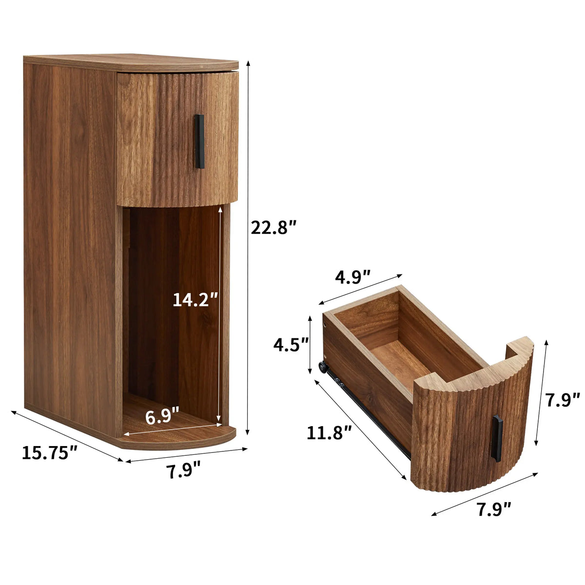 Fursch Walnut Slim Nightstand Set of 2, Mid-Century Curved Bedside Cabinets with Drawer &amp; Book Storage for Apartments, Bedrooms, Cozy Spaces, Small Spaces