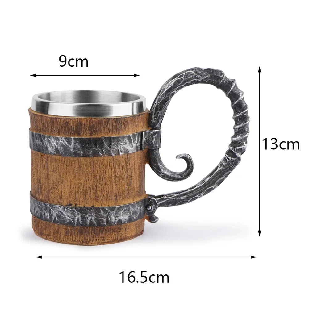 Viking Wood Style Beer Mug Simulation Wooden Barrel Beer Cup Double Wall Drinking Mug Metal Insulated 1PCS Bar Drinking Кружка