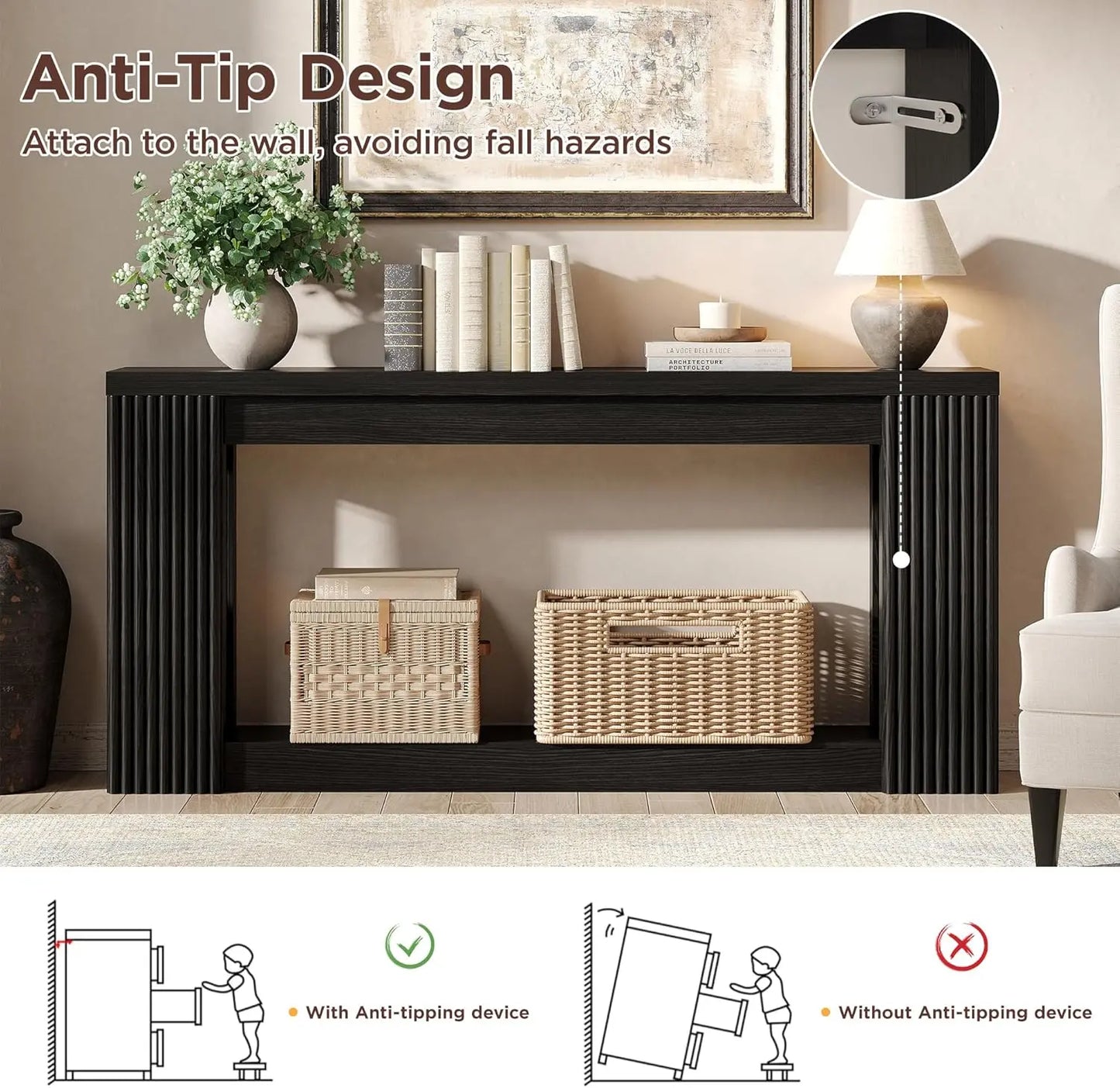 [Summergarden] Vabches Fluted Wooden Console Table with 2 Storage, 71 Inches Rectangular Entryway Table behind the Couch, Farmhouse Boho Sofa Table for Entrance, Hallway, Living Room (Black)