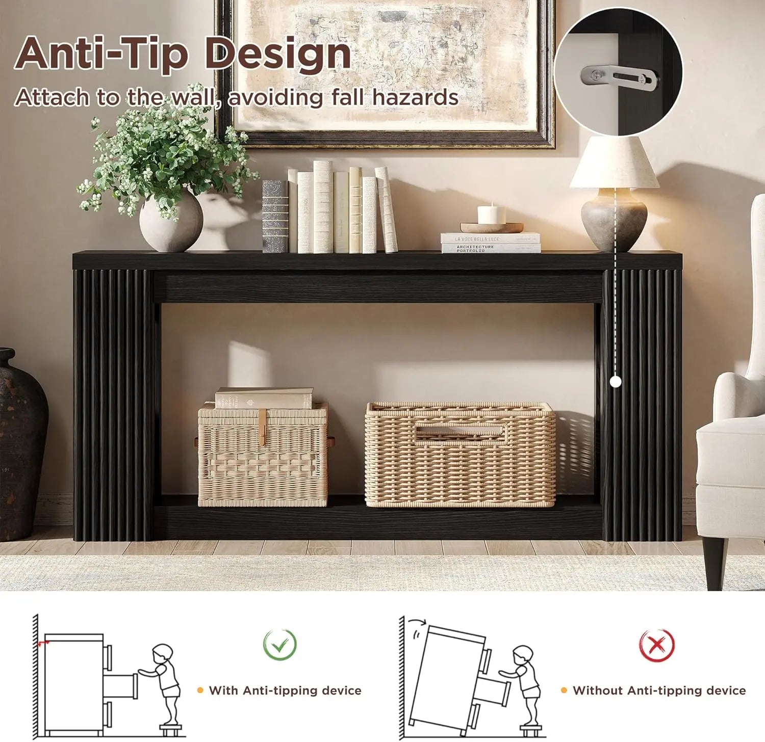 [Summergarden] Vabches Fluted Wooden Console Table with 2 Storage, 71 Inches Rectangular Entryway Table behind the Couch, Farmhouse Boho Sofa Table for Entrance, Hallway, Living Room (Black)