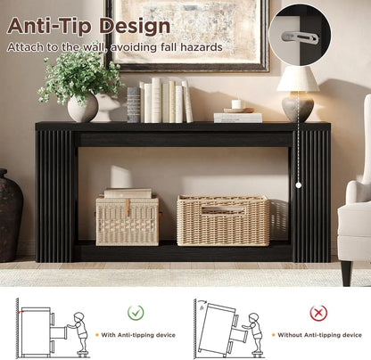 [Summergarden] Vabches Fluted Wooden Console Table with 2 Storage, 71 Inches Rectangular Entryway Table behind the Couch, Farmhouse Boho Sofa Table for Entrance, Hallway, Living Room (Black)