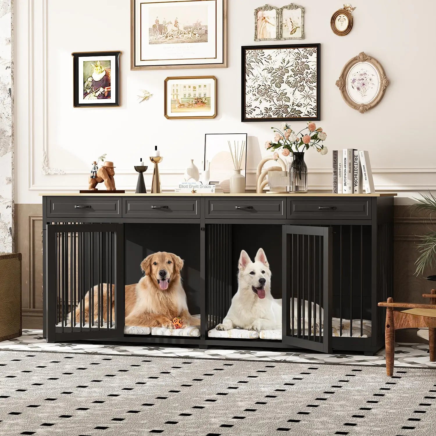 FUFU&amp;GAGA Large Dog Crate Furniture, 86.6" Wooden Dog Crate Kennel with Drawers and Divider, Heavy Duty Dog Crates Cage Furniture