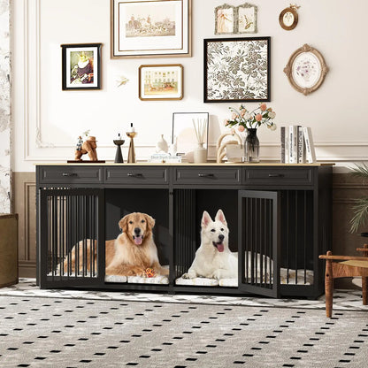 FUFU&amp;GAGA Large Dog Crate Furniture, 86.6" Wooden Dog Crate Kennel with Drawers and Divider, Heavy Duty Dog Crates Cage Furniture