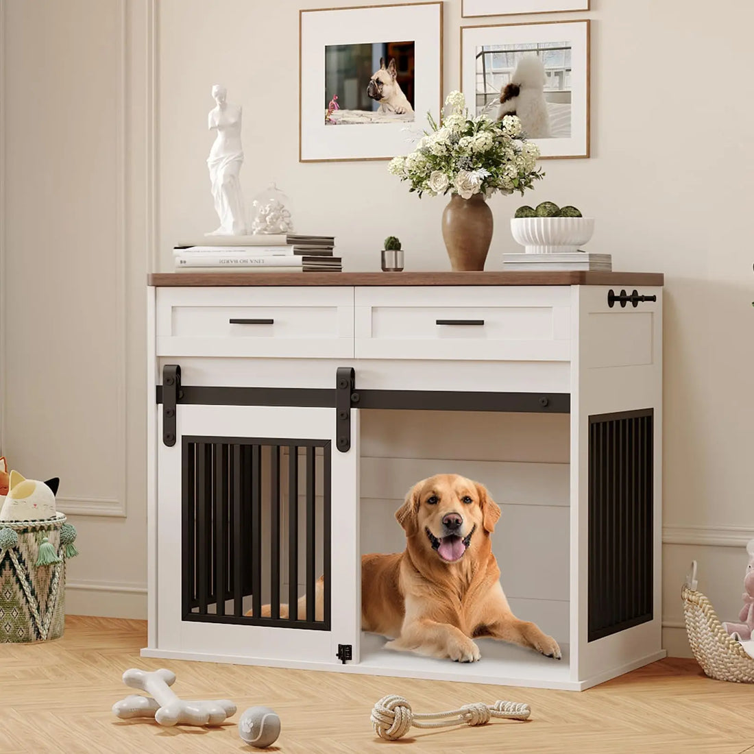 44.5" Wooden Dog Crate Furniture with Storage Drawers, Heavy Duty Pet Kennel End Table, Sliding Barn Doors, Indoor Decorative TV Stand for Medium or Large Breeds