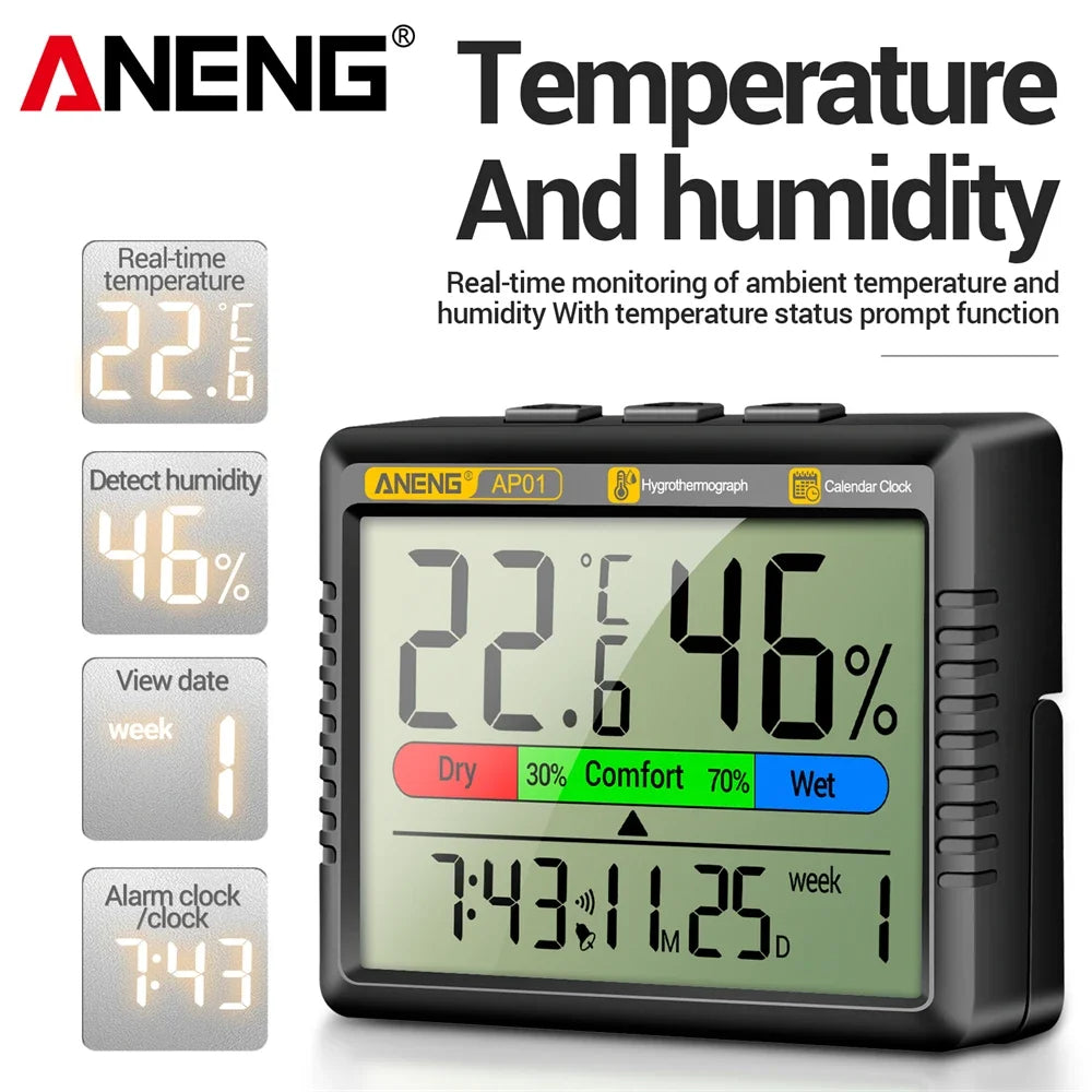 Thermometer Hygrometer Clock Cute Indoor Temperature Humidity Air Alarm Clock Calendar Week Display  AP01 for Home Office