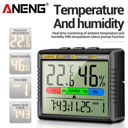 Thermometer Hygrometer Clock Cute Indoor Temperature Humidity Air Alarm Clock Calendar Week Display  AP01 for Home Office