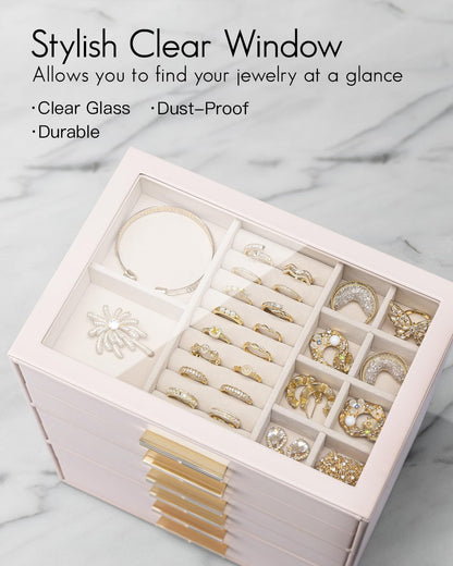 6 Layer Jewelry Box for Women, Glass Lid Jewelry Organizer with 6 Drawers for Necklaces Rings Earrings Bracelets - Light Pink