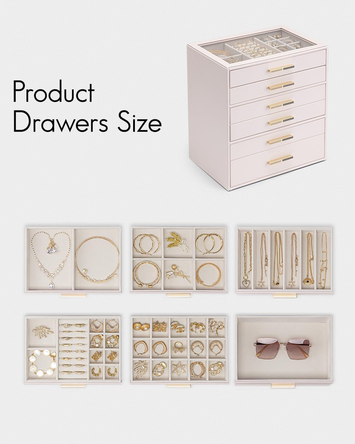 6 Layer Jewelry Box for Women, Glass Lid Jewelry Organizer with 6 Drawers for Necklaces Rings Earrings Bracelets - Light Pink