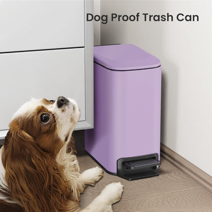 Small Bathroom Trash Can with Lid Soft Close, Step Pedal, 6 Liter / 1.6 Gallon Stainless Steel Garbage Can with Removable Inner Bucket, Anti-Fingerprint Finish (Purple)